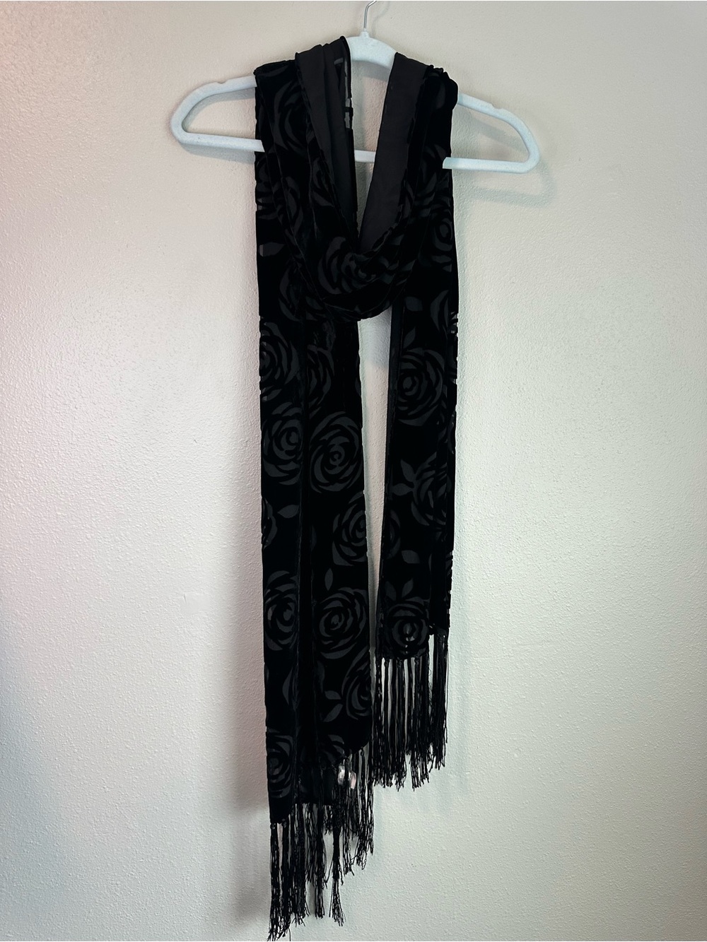 Vintage Muse Black Silk Blend Floral Devore Velvet Fringe Scarf Wrap Shawl